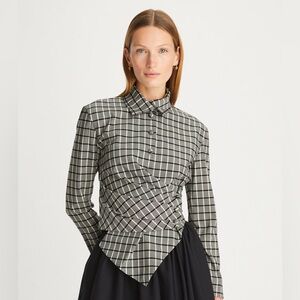 NWT $698 Tory Burch Plaid Asymmetric Wrap Shirt Blouse